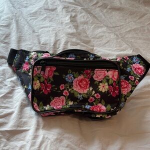 Black Floral Crossbody Fanny Pack with Pink Rose Print